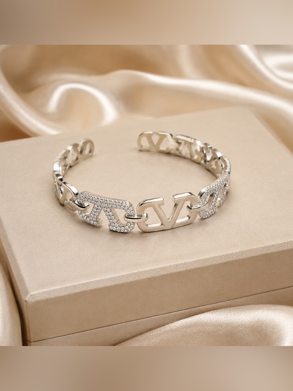 Silver Logo Link Bracelet with Crystal Accents